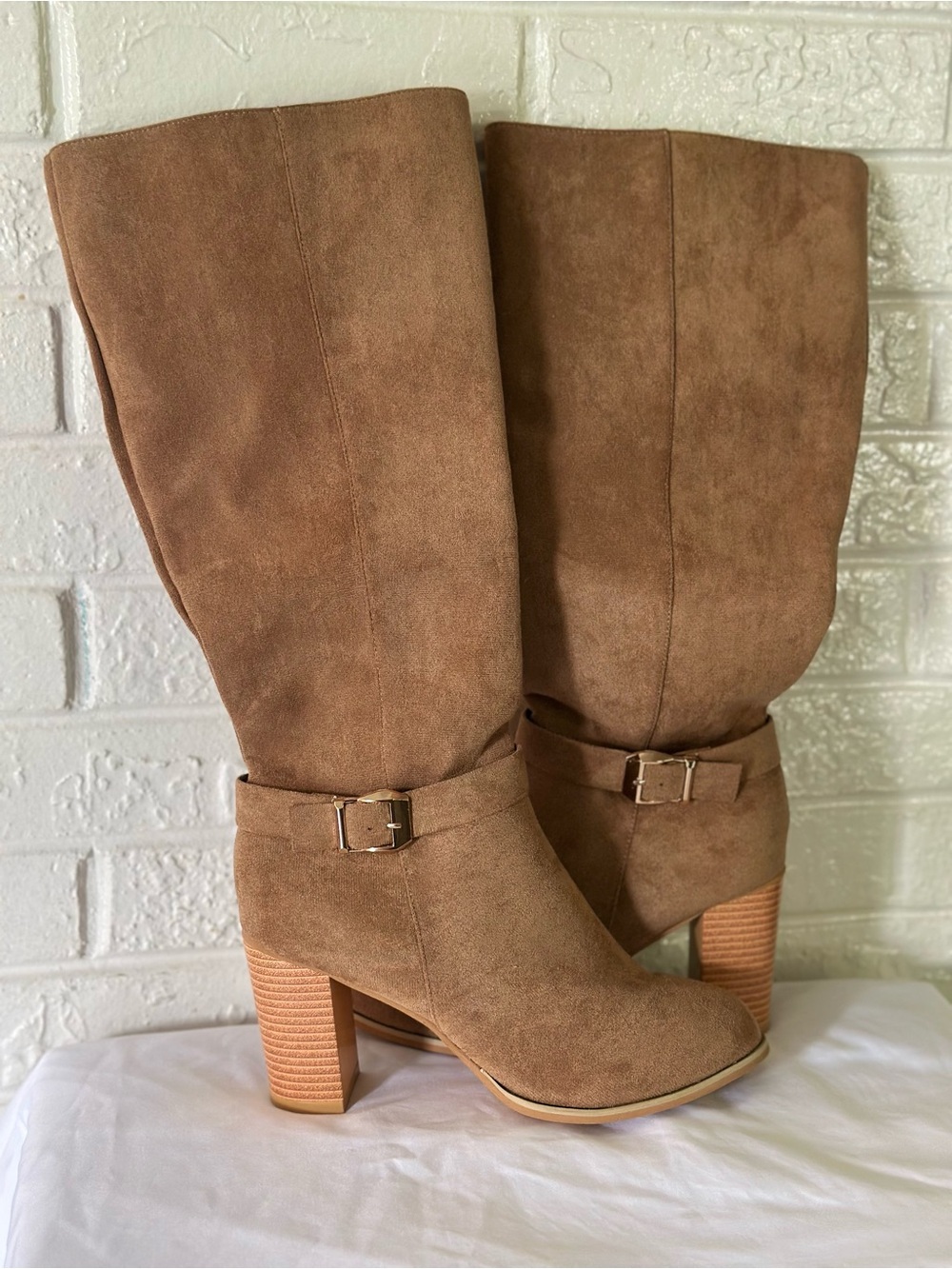 Tan Suede Mid-Calf Block Heel Boots
